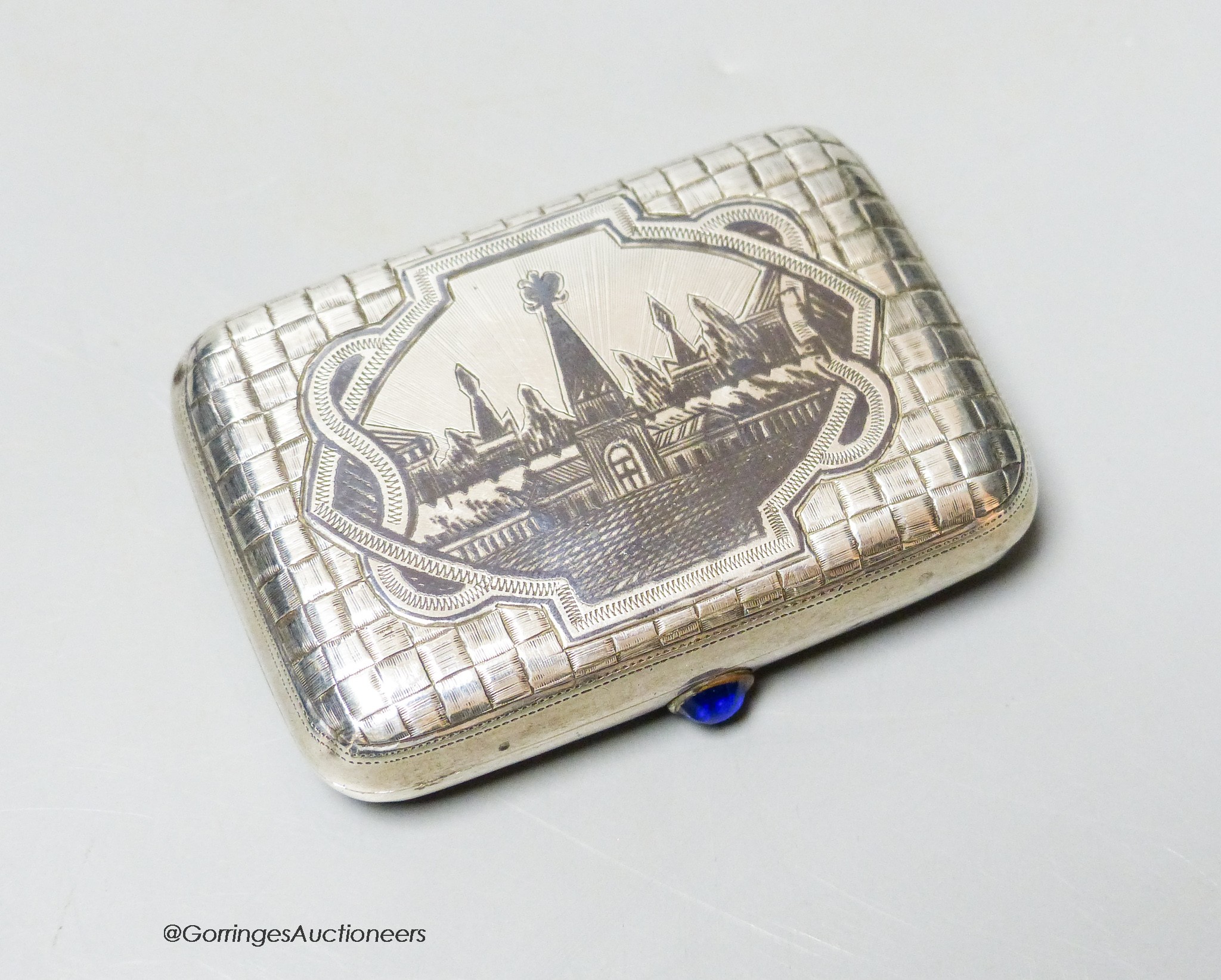 A late 19th century Russian white metal and niello shaped rectangular snuff box, 68mm, gross weight 51 grams.